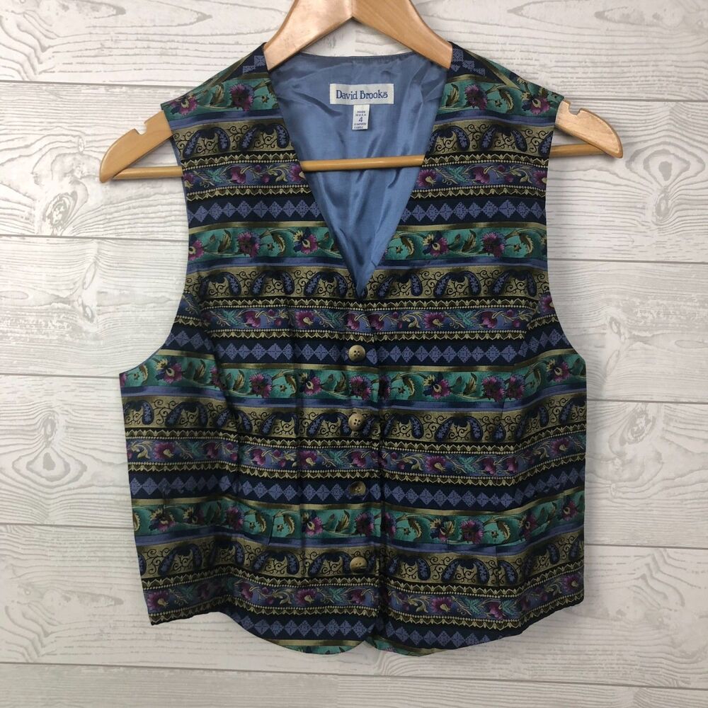 VTG David Brooks Women's Size 4 Printed Button Front Vest V Neck Gold Buttons
